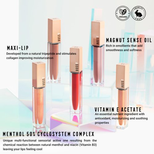 Bossy Cosmetics Vegan Lip Gloss for Soft Lips, Plumping Oil, Hydrating Non-Stick Lipgloss for Women, Provides Maximum Shine, Paraben and Cruelty Free (Empowered - Peach Color)