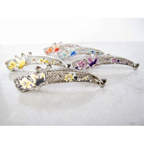 Generic Slim silver metal filigree flower butterfly banana hair claw clips with jewels Set A (Primary color: Pink)
