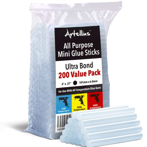 Artellius Mini Hot Glue Sticks (HUGE BULK PACK of 200) 4" and 0.27 Diameter - Compatible with Most Glue Guns