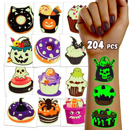 TatoYard 204PCS Halloween Candy Fake Tattoos Decorations for Girls and Boys, Long Lasting Sweets Tattoos for Halloween Treats, Glows Temporary Tattoos Suitable for Party Supplies Favors