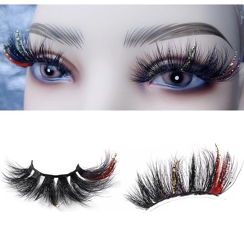VNHTT 25mm Glitter Eyelashes 3D Fluffy Mink Eye Lashes with Color,Colored Eyelashes Dramatic Strip Lashes Natural Thick Fake Eyelashes 1 Pairs for Halloween Party Stage Cosplay(Black Red -Gold)