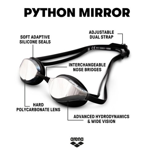 Arena Python Racing Swim Goggles for Men and Women, UV Protection, Anti-Fog, Dual Strap, Mirror Lens, Silver/Black