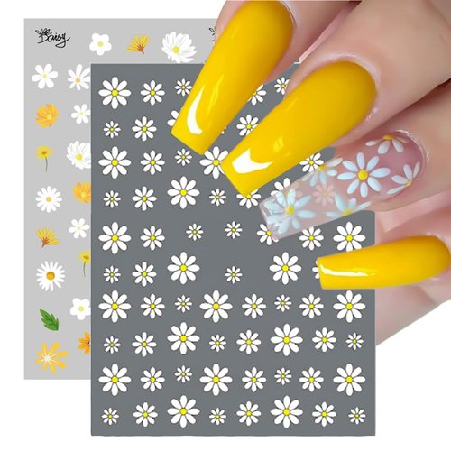6 Sheets Flower Nail Art Sticker Decals, Charming Daisy Nail Stickers Spring Nail Decals for Nail Art Cute Floral Design Nail Supplies Elegant Self Adhesive Nail Art Decals for Women Nail Decoration