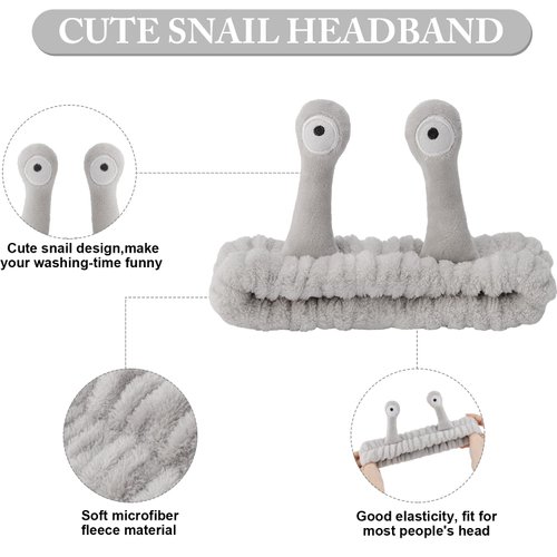 SuPoo Grey Snail Face Wash Headband Funny Skincare Spa Headband Cute Alien Puffy Makeup Headbands for Women Stretchy Antenna Eyes Hair Wrap Hair Band for Washing Face Hair Accessories