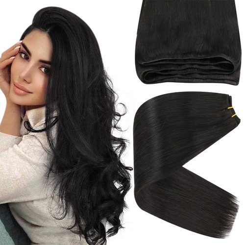 Sunny Sew in Hair Extensions Real Human Hair Black for Women Weft Hair Extensions Human Hair Jet Black Sew in Extensions Human Hair Invisible Hair Extensions Weft One Bundle 16Inch 100G