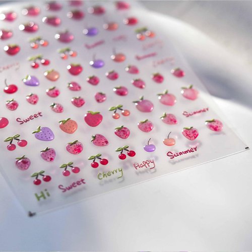 Fruit Nail Stickers Strawberry Nail Art Decals 5D Embossed Nail Art Stickers Cherry Strawberry Peach Fruit Nail Design Spring Summer Nail Art Supplies Cute Fruits Nail Decoration Accessories for Women