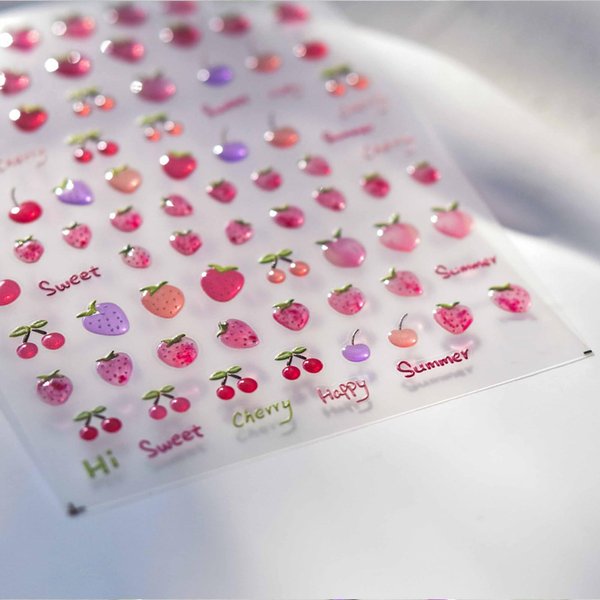 Fruit Nail Stickers Strawberry Nail Art Decals 5D Embossed Nail Art Stickers Cherry Strawberry Peach Fruit Nail Design Spring Summer Nail Art Supplies Cute Fruits Nail Decoration Accessories for Women
