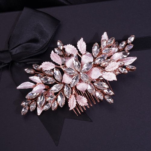 Missgrace Handmade Women Bridal Wedding Rose Gold Rhinestones Flower Side Hair Comb Special Occasion Headpiece Gold Silver Hair Accessories for Women (Rose Gold)