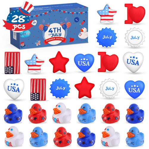 NPET 28Pcs 4th of July Squishy Rubber Ducks, Patriotic Squishy Mochi Toys Bulk Independence Day Decoration Red White Blue Party Favor, 4th of July USA Flag/Star/Heart Shape Bath Toys for Boys Girls