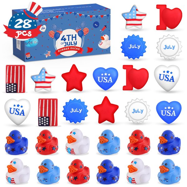 NPET 28Pcs 4th of July Squishy Rubber Ducks, Patriotic Squishy Mochi Toys Bulk Independence Day Decoration Red White Blue Party Favor, 4th of July USA Flag/Star/Heart Shape Bath Toys for Boys Girls