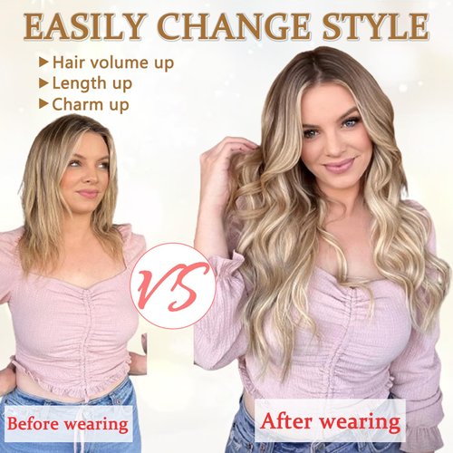 Clip in Hair Extensions for Women, 6PCS Long Wavy Curly Clip on Hair Extensions 20 Inch Honey Blonde Mixed Light Brown Synthetic Thick Hairpieces