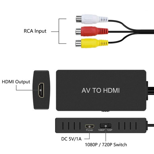 RuiPuo RCA to HDMI Converter, AV to HDMI Adapter, Composite to HDMI, Support 1080P, PAL/NTSC Compatible with WII/WII U/PS one/PS2/PS3/STB/Xbox/VHS/VCR/Blue-Ray DVD ect.