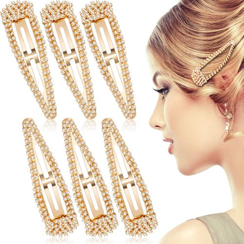 6 Pieces Rhinestone Snap Hair Clips 4 Inch Hair Barrettes Hairpins Crystal Metal Hair Clips for Women Girls Wedding Hair Accessories (Gold)