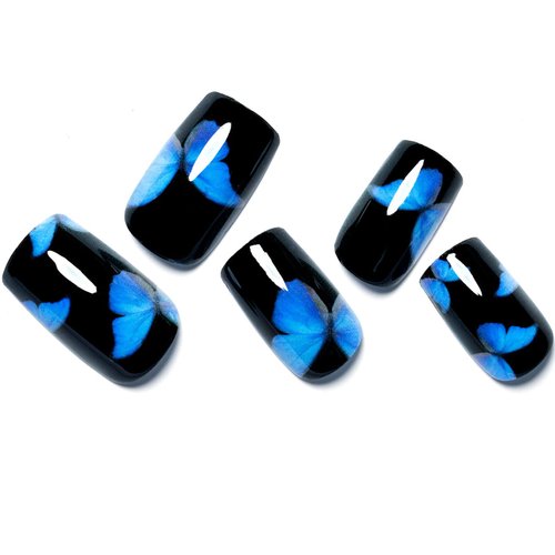 Press on Nails Short Square Shape, Black Fake Nails with Design Blue Y2K Butterfly Medium Glue on Nails for Women UV Gel Acrylic False Nail Kits Reusable Stick on Nails Full Cover Static Nails by