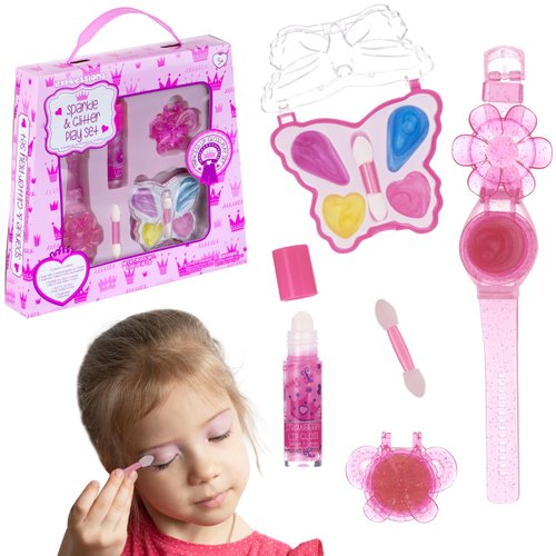 Expressions - 4pc Cosmetic Kit w/Lip Gloss Watch- Butterfly Lip Gloss & Eyeshadow Palette Collection Kids Makeup Kit for Girls, Washable + Non Toxic