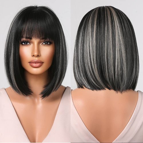 Allbell Black Bob Wigs for Black Women Short Straight Wigs with Bangs 12 Inch Black Hair Wigs with Gray Highlights Heat Resistant Synthetic Wigs For Girls Party Use