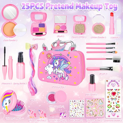 GINMIC Pretend Makeup for Toddlers, Pretend Play Makeup for Little Girls,Toddler Toys Makeup kit with Unicorn Cosmetic Bag for Little Girls Age 3 4 5 6 7+ Birthday Christmas Princess Gifts