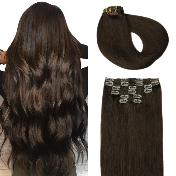 SURNEL Clip in Hair Extensions Real Human Hair 6pcs 20inch 120g Dark Brown Human Hair Clip in Extensions Double Drawn(#2,20'')