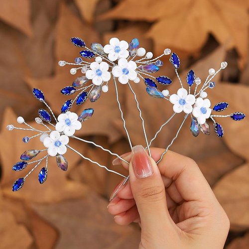 Jeairts Blue Rhinestone Wedding Hair Pins Flower Bridal Hair Pieces Floral Crystal Bride Hair Accessories for Women and Girls(Pack of 3)