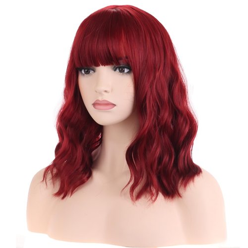 BERON 14 Inches Red Wig Short Curly Wig Wine Red Wigs with Bangs for Women Girl's Synthetic Wig with Wig Cap