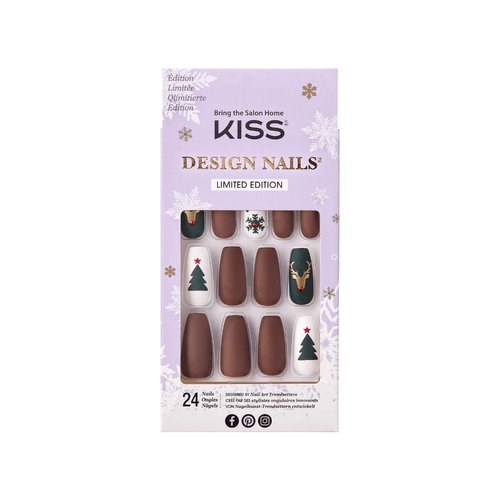 KISS Special Design Limited Edition Holiday Fake Nails, Style ‘Candy Cane’, Multi-Colored Medium Square, with Nail Glue, Mini File, Manicure Stick & 24 False Nails