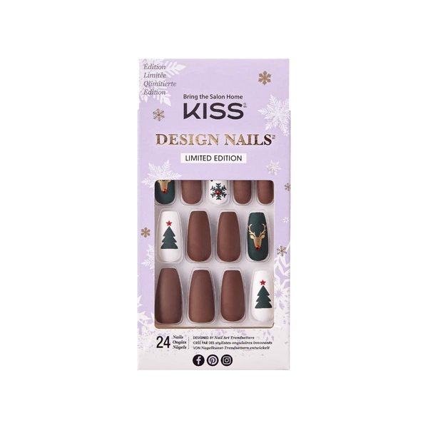 KISS Special Design Limited Edition Holiday Fake Nails, Style ‘Candy Cane’, Multi-Colored Medium Square, with Nail Glue, Mini File, Manicure Stick & 24 False Nails