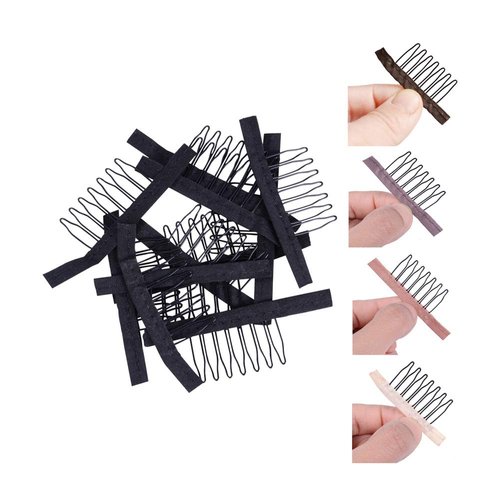YANTAISIYU 50 pcs/lot Wig Combs for Making Wig Caps 7-teeth Wig Clips Steel Teeth with Cloth Wig Combs for Hairpiece Caps Wig Accessories Tools Wig Clips for Wig (Black)