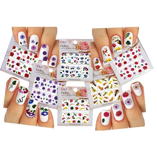 Flowers Birds & Feather Nail Art Water Slide Tattoo Decals, Pack of 6