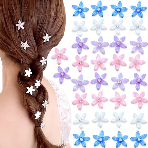 Myhiju 40pcs Hair Accessories for Girls - Flower Mini Claw Clips with Rhinestones, Crystal Barrettes, Decorative Long Braid Hair Clips in 4 Colors