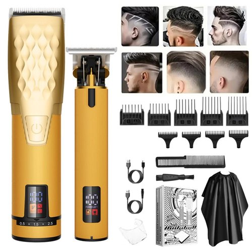 Professional Hair Clippers for Men, Adjustable Beard Trimmer, Cordless Head Shaver, Wireless Hair Cutting Kit, Self Beard Care Set, Gold Barber Accessories