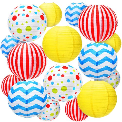 Glooglitter 16 Pcs Circus Theme Party Decorations Chinese Paper Lantern 8 Inch 12 Inch Hanging Round Paper Lanterns Carnival Circus Decorations for Carnival Theme Party Supplies Decor