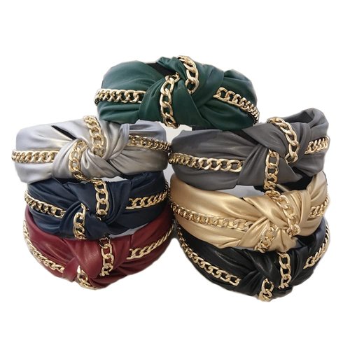 Wiwpar Knotted Headbands for Women Fashion Wide Headband Vintage Knotted Head Band Hair Hoop Hair Accessories with Metal Chain (Black)