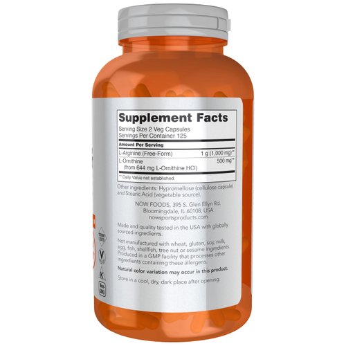 NOW Foods Sports Nutrition, Arginine & Ornithine 500/250 mg, Amino Acids, 250 Veg Capsules