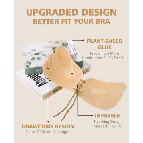 Cmojsk Sticky Bra, Backless Strapless Bra Push Up, Adhesive Invisible Lift Up Bras 2 Pairs Black/Beige