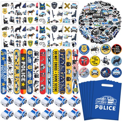 Police Party Favors Kit, Police Party Decorations, 72Pcs Temporary Tattoos, 12Pcs Police Officer Slap Bracelets, 50PCS Police Stickers,12Pcs Mini Police Toy Cars, 12Pcs button badge, 12Pcs Gift Bags