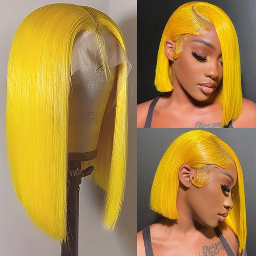 Yellow Color Bone Straight Lace Bob Wigs Human Hair 13x4 Frontal Lace Wigs 180% Density Transparent Lace Front Bob Wigs For Women Pre Plucked Hairline With Baby Hair Yellow Color Bob Wig 14 Inch