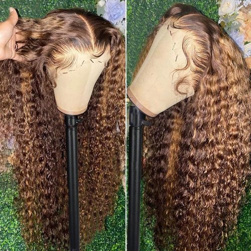 ZAMSTA Honey Blonde Curly Wig Human Hair 13x4 HD Highlight Ombre Deep Wave Lace Front Wigs Human Hair Pre Plucked 180% Density 4/27 Glueless Colored Wigs for Women Wet and Wavy Lace Front Wigs 26 Inch