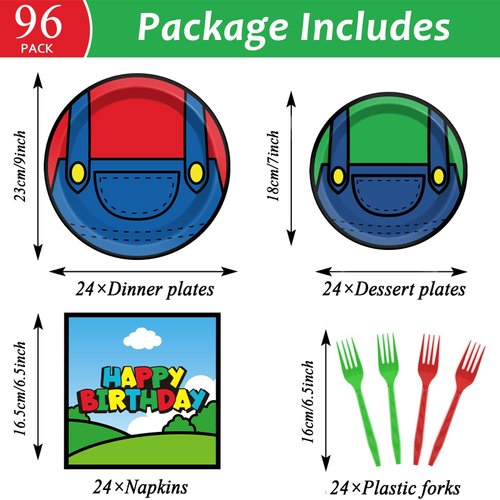 96 Pcs Super Brother Party Supplies Set Super Brother Plates Super Video Games Tablewear and Napkins Forks Super Bros Birthday Party Decorations for Kids Baby Shower Serves 24