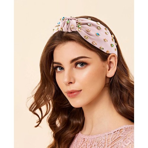Wecoe Pink Knotted Headband For Women Girls Rhinestone Headband Wide Headbands Non Slip Fashion Cloth Sparkly Jeweled Beaded Embellished Comfortable Headband Hair Accessories For Women Girls