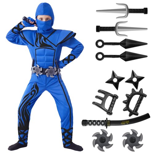 Spooktacular Creations Kids Halloween Ninja Costume, Blue&Black Ninja Costume for Boys, Ninja Kung-Fu Outfit, Teen Halloween Costumes for DressUp and Themed Party (Small (5-7 yrs))