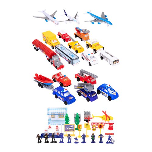 Playee Airport Playset Toy - Airplanes, Vehicles, Police Figures, Workers & Many More Accessories with Storage Bucket - Educational Gift for Kids (57 Piece, Matt Included)
