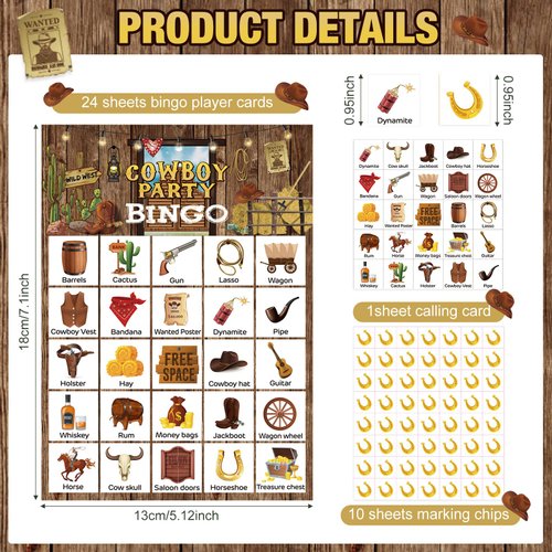 Liliful 35 Pcs Western Cowboy Bingo Cards 24 Players Cowboy Party Bingo Games Wild West Party Games for 2025 New Year Kids Boys Girls Adults Family Classroom Western Birthday Party Favors Supplies