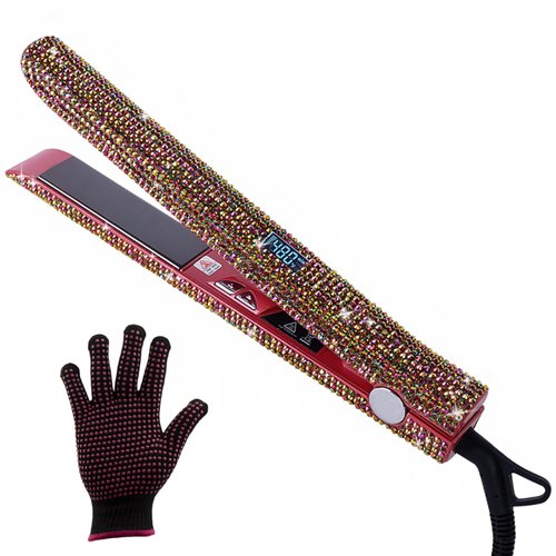 UMILAY Hair Straightener, Titanium Flat Iron with Swift Heat-up, Rhinestone Straightener Flat Iron Curls & Straighten 2 in 1, High Heat 480F, Dual Voltage Hair Styling Tools, Rosgold