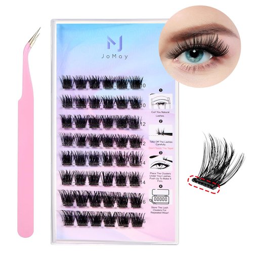 JoMay Self Adhesive Eyelashes Press On Lashes D Curl Lash Clusters Natural No Glue Eyelashes Clear Self Adhesive Strips Extension Kit 32PCS 1 Step DIY Lash Easy to Apply 10-16mm (G04, D-10-16mm)