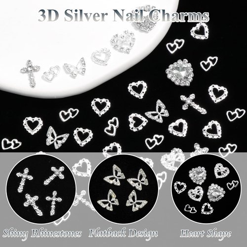 42PCS Silver Nail Charms Crystal Heart Nail Charms 3D Alloy Cross Nail Charms Metal Butterfly Charms Nail Gems Rhinestones for Women Nail Art and DIY Crafts