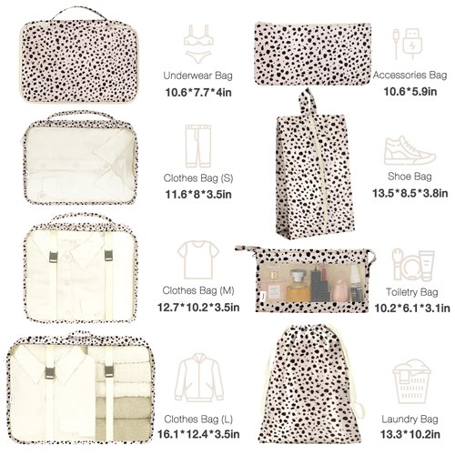 8 Set Packing Cubes for Suitcases, Packing Cubes with Shoe Bag, Cosmetics Bag, Clothing Bag, Accessories Bags Packing Cubes for Travel Luggage Organizer(Leopard)