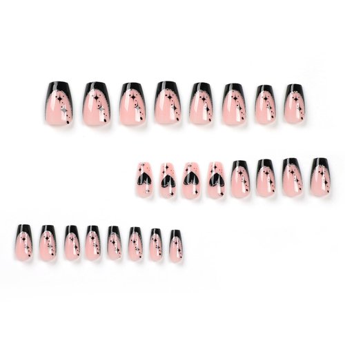 Vezocim Medium Press on Nails Square, 24Pcs Black Fake Nails Acrylic Nails Press on Glossy French Tips Glue on Nails with Heart and Star Designs False Nails with Glue Artificial Nails for Women