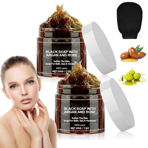 Morocco Black Beldi Soap, Black Soap With Argan and Rose, Zawina Moroccan Black Soap with Glove, ...