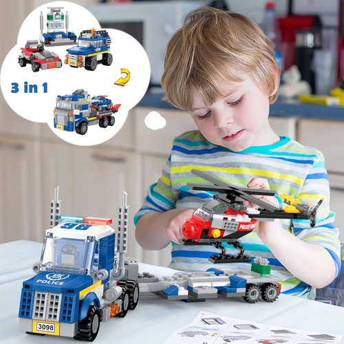 COGO MAN 3in1 City Police Building Set, Police Car Transporter Building Toys, Police Truck with Trailer & Rescue Helicopter, Police Chase Building Kit, Gift for Boys Kids Aged 6-12, 249 PCS