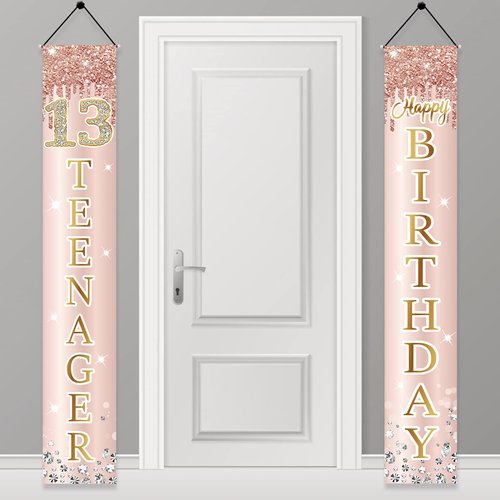 13th Birthday Decorations Door Banner for Girls, Pink Rose Gold 13 Teenager Happy Birthday Sign Party Supplies, Sweet Thirteen Year Old Birthday Backdrop Porch Décor